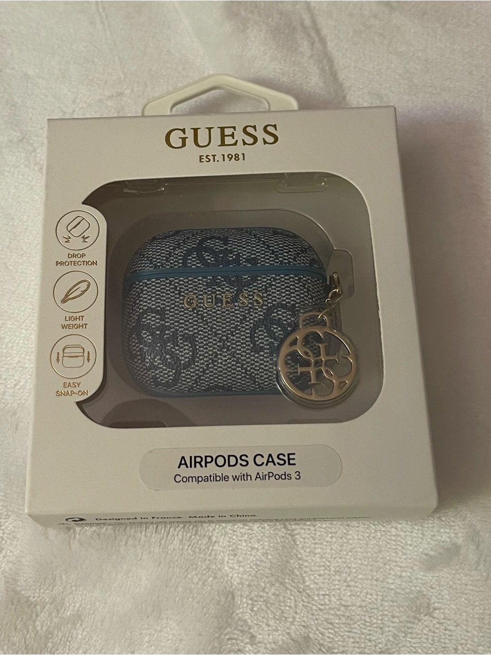 GUESS Blue Monogram AirPods 3 Case with Gold Charm Accent